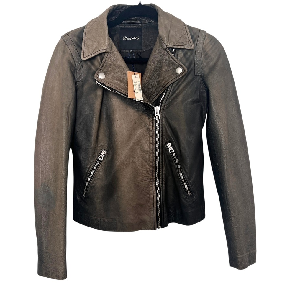 Madewell Washed Leather Moto Jacket Womens XS – Black / Charcoal Gray – NWT $498